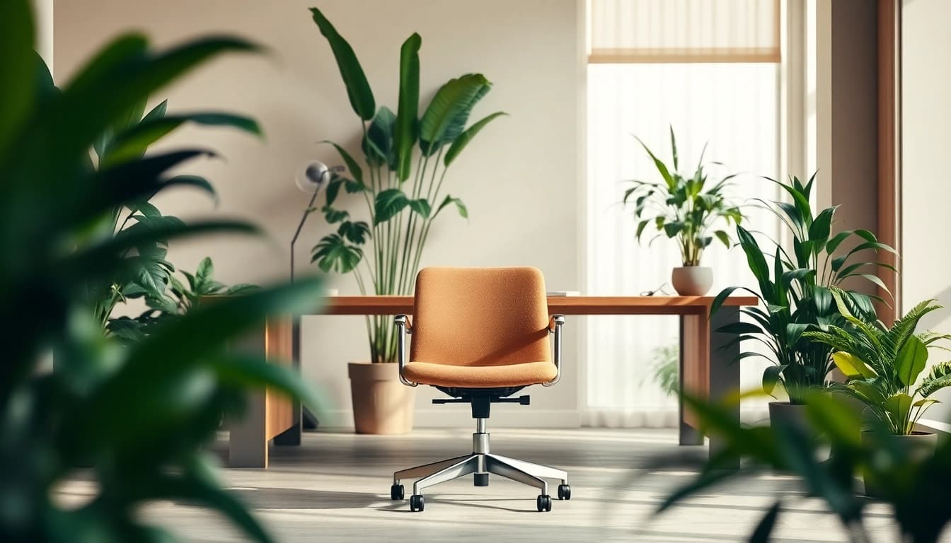 Refurbished Vitra chair enhances elegance in a cozy office setting with lush greenery.