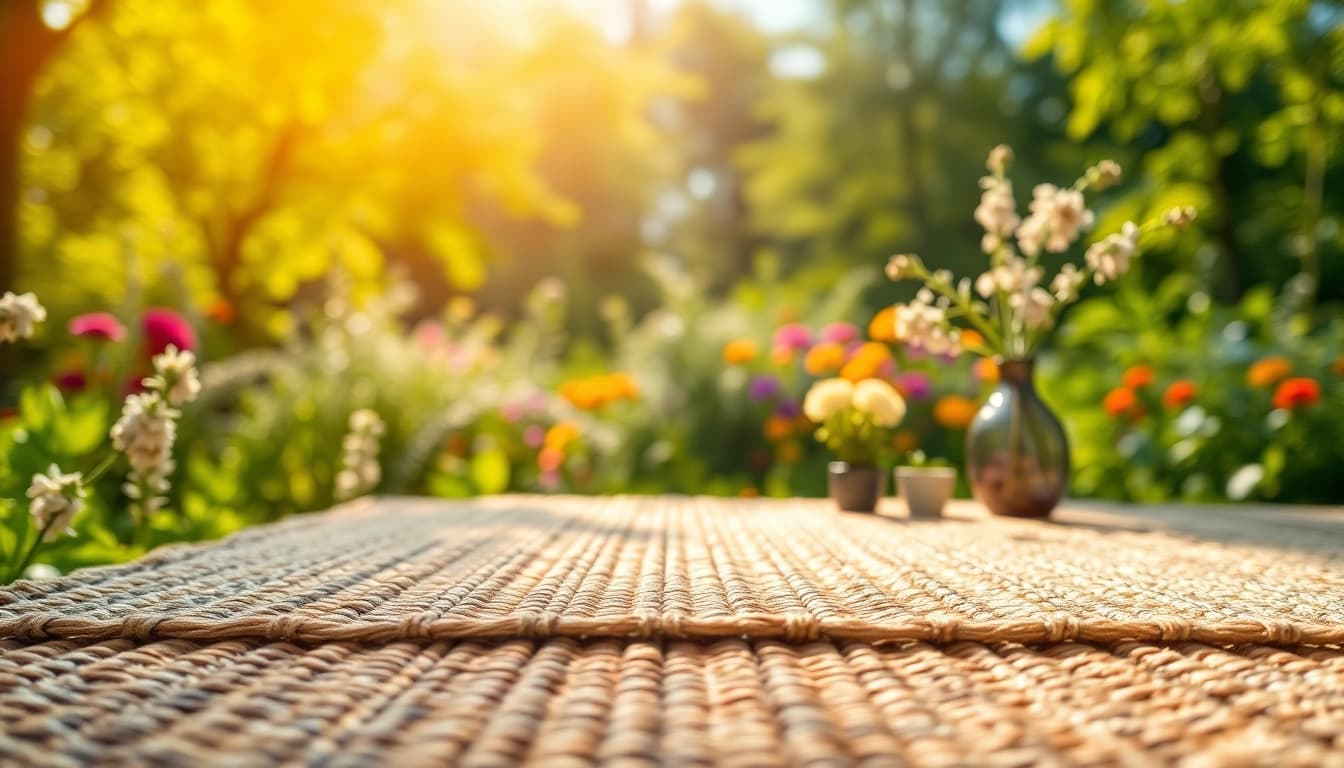 Hanfmatte präsentiert in einem natürlichen Setting, umgeben von Pflanzen und farbenfrohen Blumen.