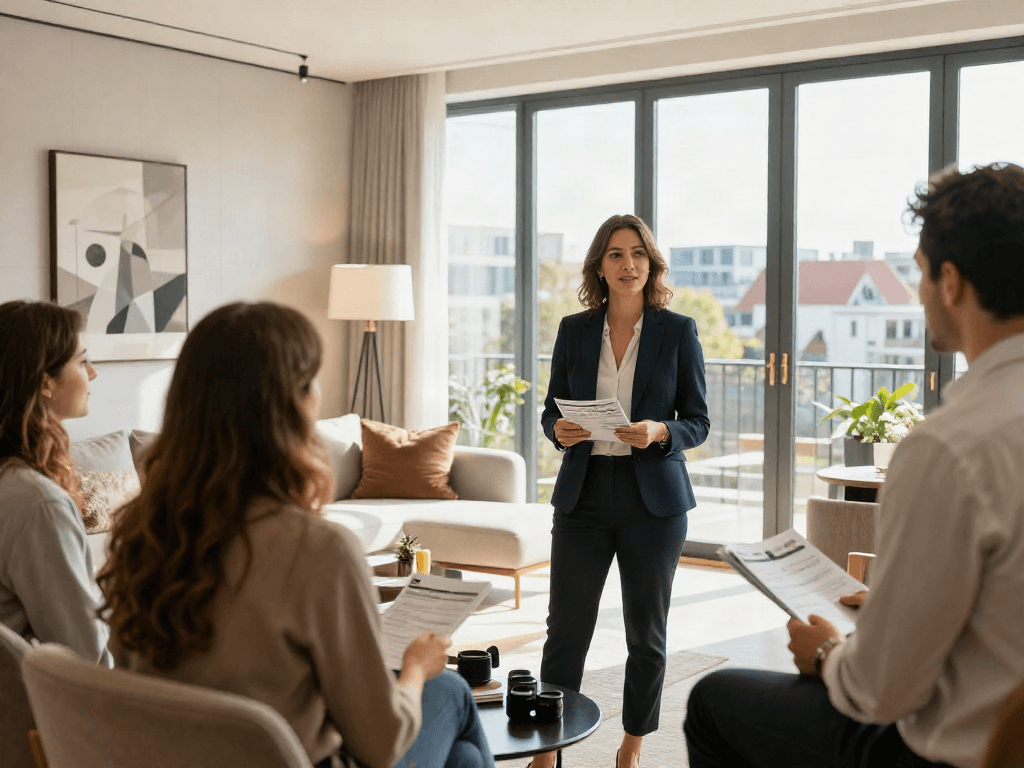 Immobilien Düsseldorf: Immobilienmakler präsentiert moderne Wohnungen mit stilvollem Interieur