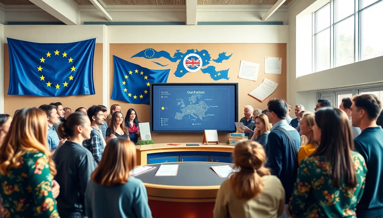Interaktive Teilnehmer beim Quiz zur Europäischen Union in einer lebhaften Umgebung.