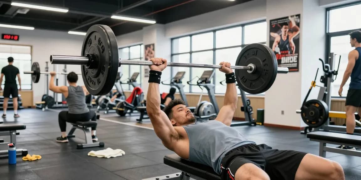 Kraftsportler, der sich im Steroidshop Fitnessstudio auf das Bankdrücken konzentriert, zeigt Entschlossenheit, Gewichte und eine aktive Umgebung.