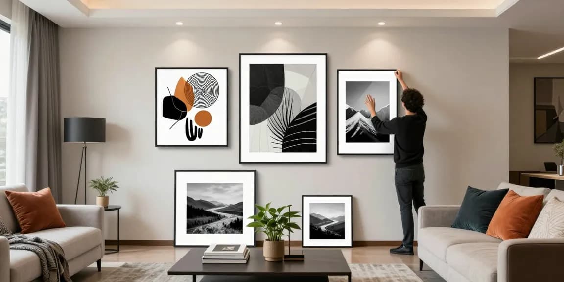 Moderne Wohnzimmer Bilder in einem stilvollen Raum mit großen Wandbildern.