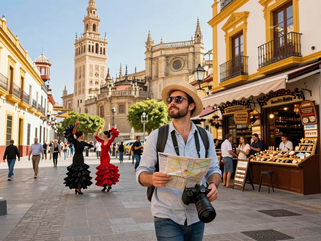 Reisetipps Sevilla: Entdecken Sie die lebhaften Straßen und die Kultur von Sevilla mit einem Reisenden, der ikonische Stätten erkundet.