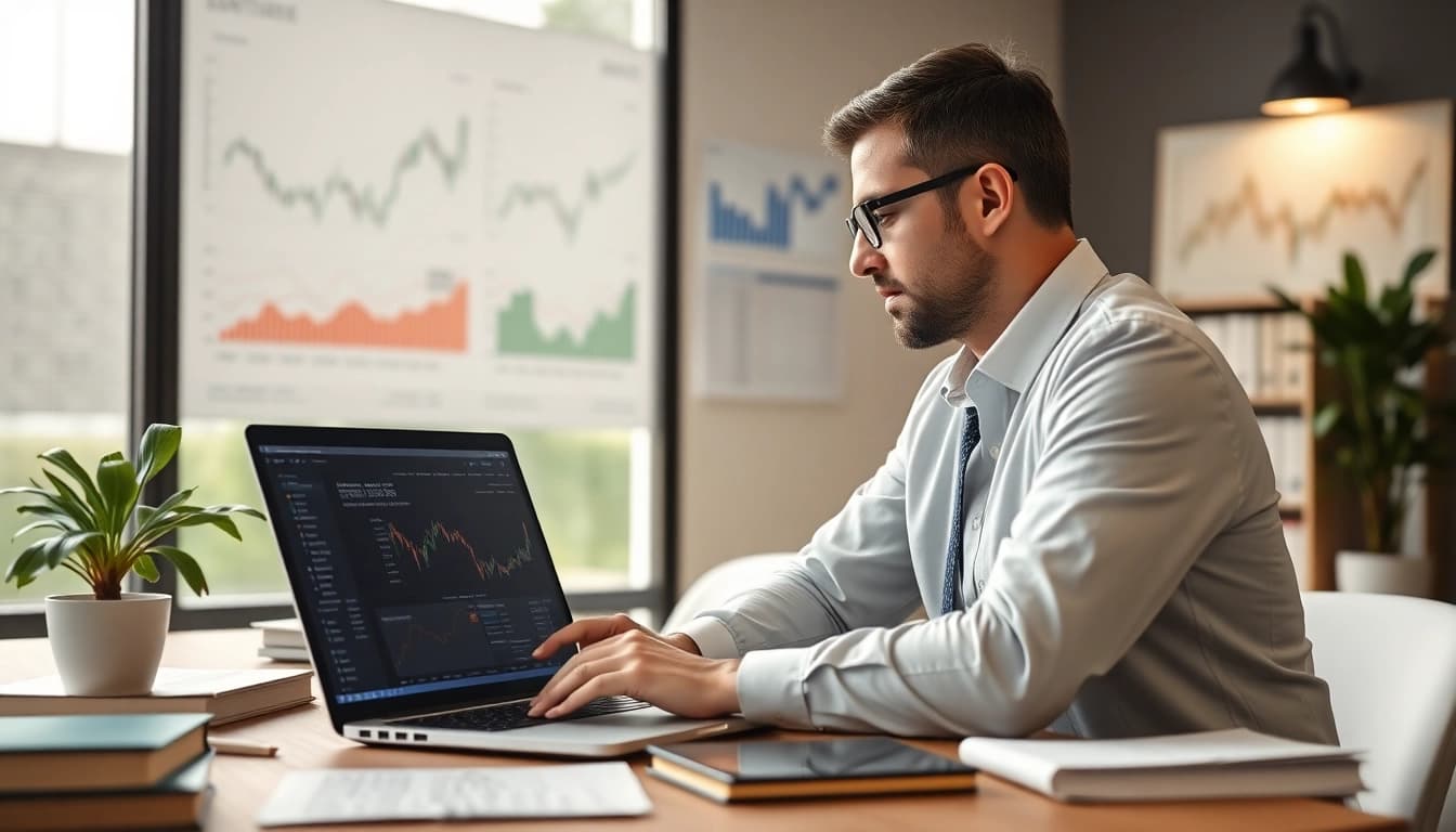 Analysing Qualitätsaktien performance in a modern office with financial charts.