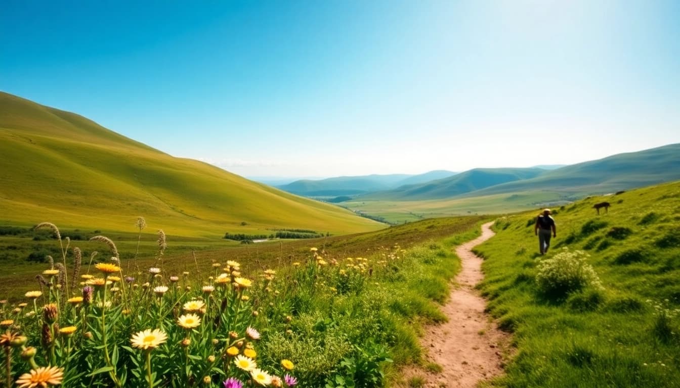 Erleben Sie Walking Holiday Ireland auf einem malerischen Wanderweg durch grüne Hügel und blühende Wiesen.