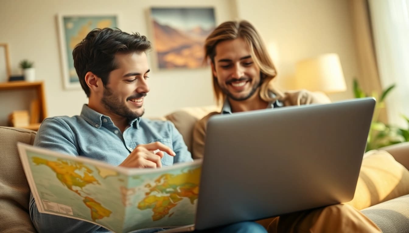Flug & Hotel Tipps für die Urlaubsplanung eines Paares mit Einrichtung im warmen Ambiente.