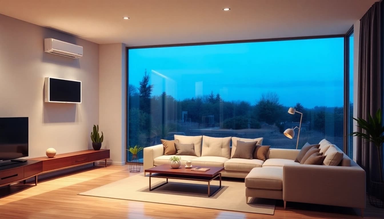 Klimaanlagen sorgen für eine angenehme Raumtemperatur in einem stilvollen Wohnzimmer mit modernem Design.