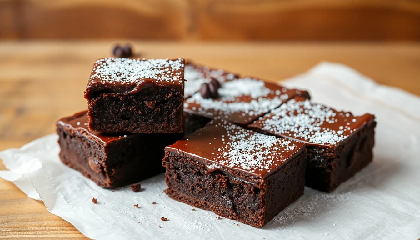 Leckere Daga Brownies mit glänzendem Finish auf einem rustikalen Holzbrett servieren.