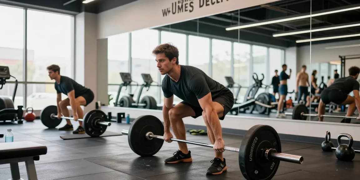 Training im Anabolika Shop Fitnessstudio mit Bodybuilder, der korrekt Kreuzheben ausführt.