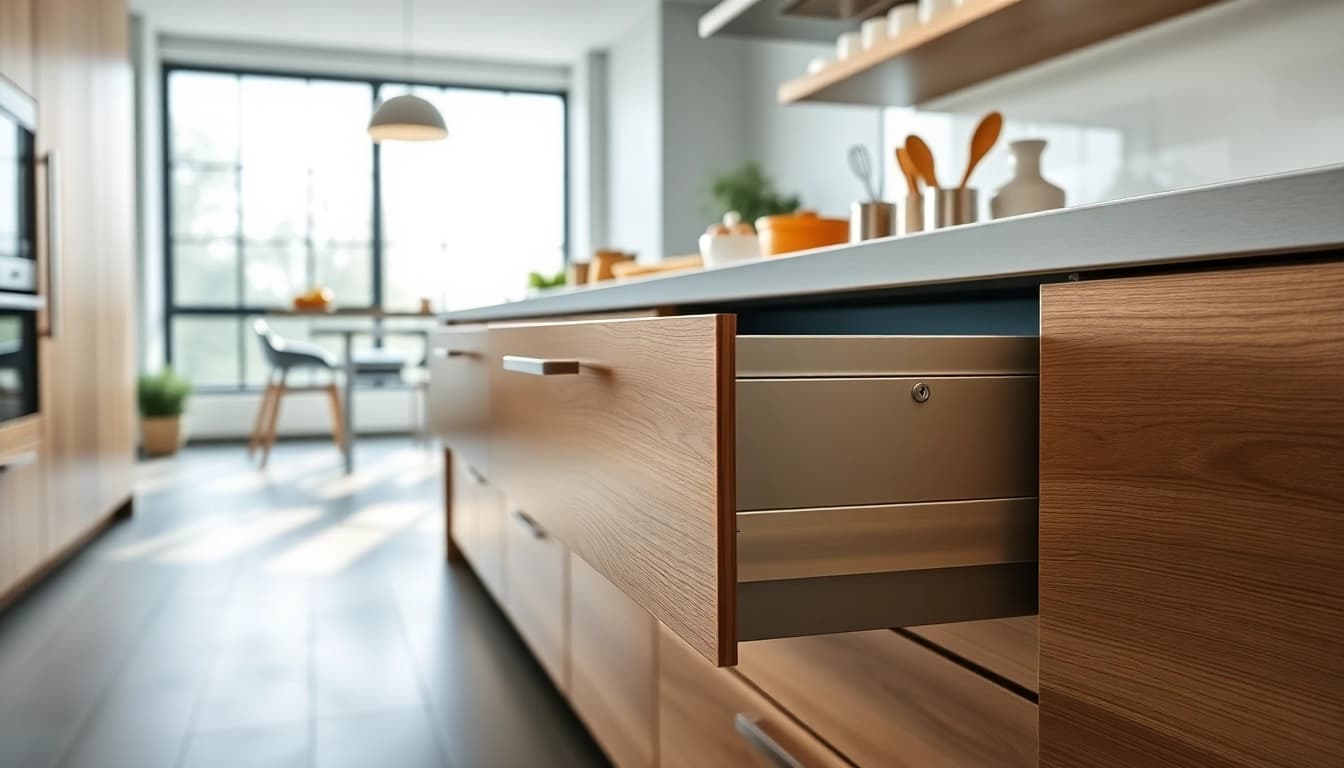 Die Double Wall Drawer System zeigt elegante, funktionale Metall-Schubladen mit glattem Schlittsystem.