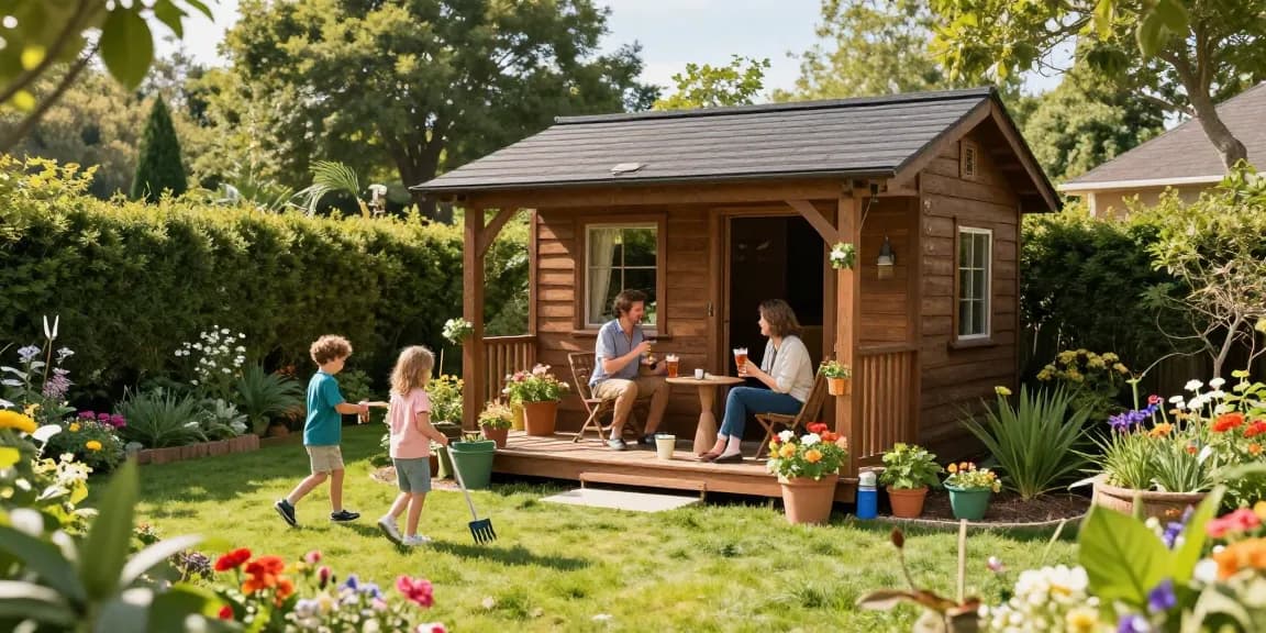 Gartenhaus aus Holz in einem einladenden Garten mit bunten Blumen und einer Familie, die die Sonne genießt.