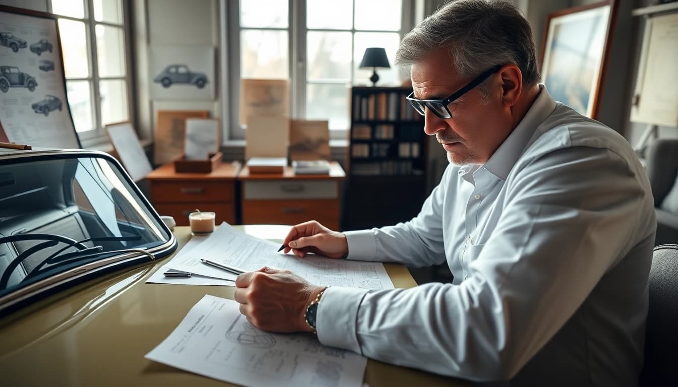 Professioneller Sachverständiger für Oldtimer Wertgutachten analysiert ein klassisches Fahrzeug in einem gemütlichen Büro.