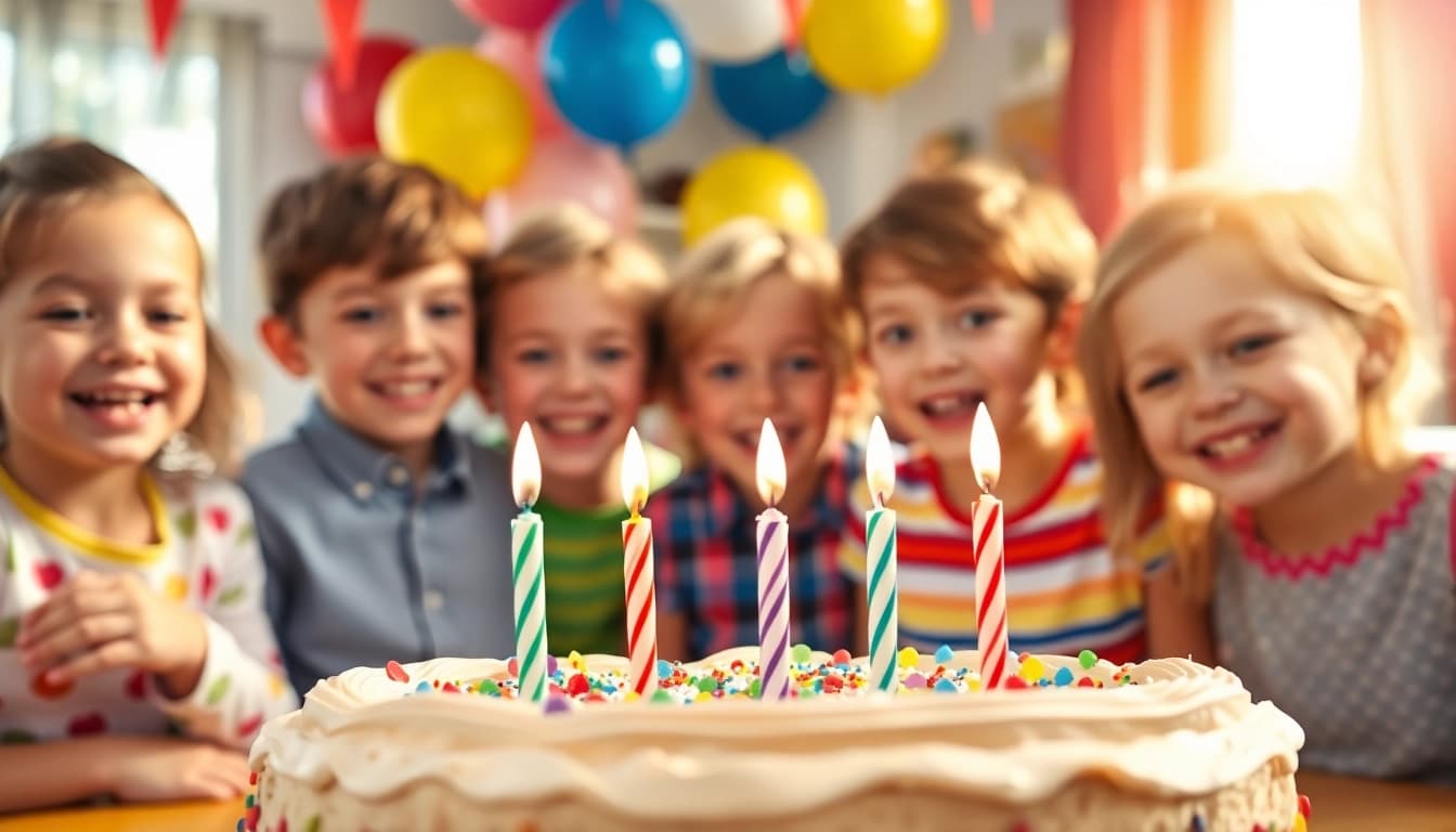 Kindergeburtstag 4 Jahre mit fröhlich spielenden Kindern und bunten Dekorationen im Vordergrund.