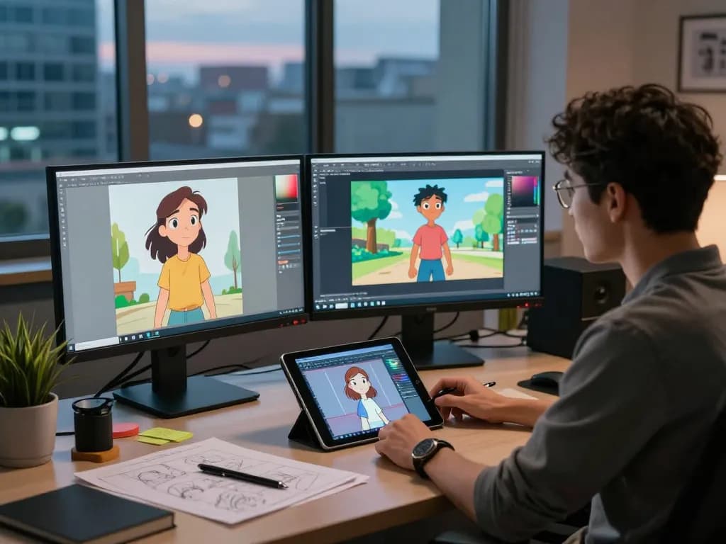 Animator using motion control technology to create fluid animations from static images in a modern studio setting.