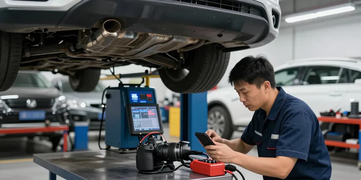 Techniker bei der DPF Reinigung in Laatzen, moderne Werkstatt mit Fahrzeugen und Diagnosetools.
