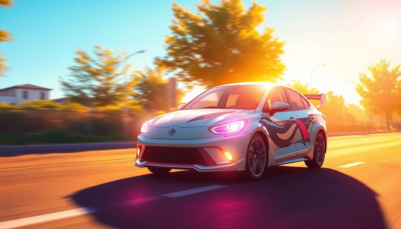 Gestalte ein einzigartiges Auto Anime mit buntem Design auf einer sonnigen Straße, das cool und kreativ aussieht.