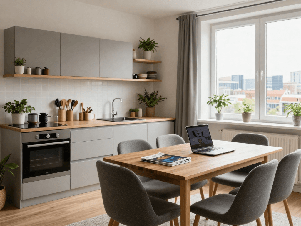 Moderne Monteurwohnung in Hannover mit gemütlicher Einrichtung und voll ausgestatteter Küche.