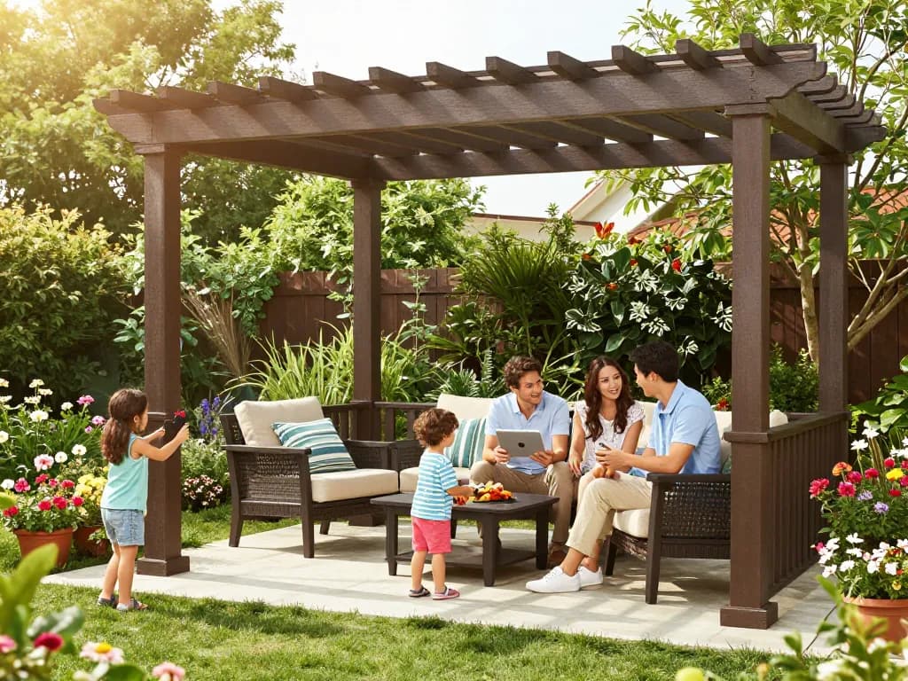 Erleben Sie den Pergola Konfigurator 3D mit einer Familie, die ihren schön gestalteten Außenbereich genießt.