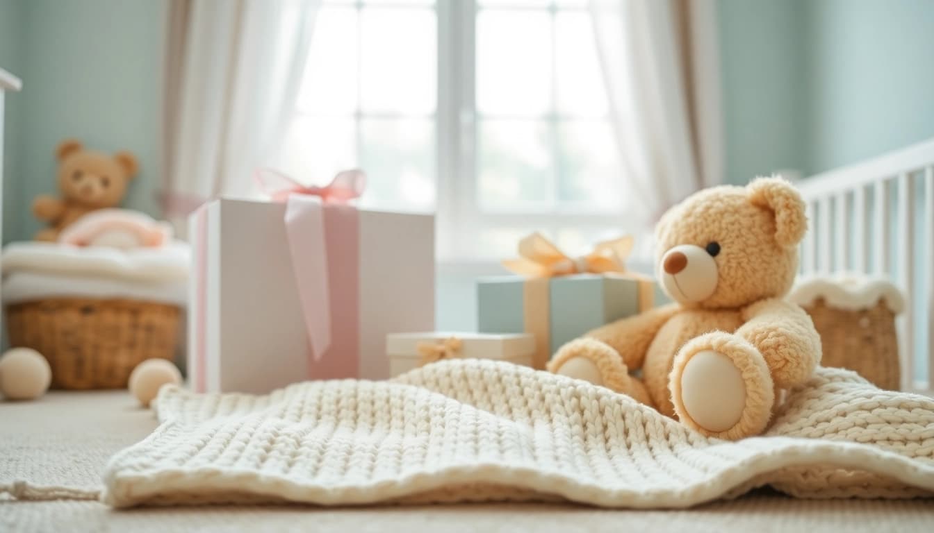 Geschenkideen zur Geburt in einem einladenden Babyzimmer mit einem liebevoll verpackten Geschenk und einem Plüschbären.