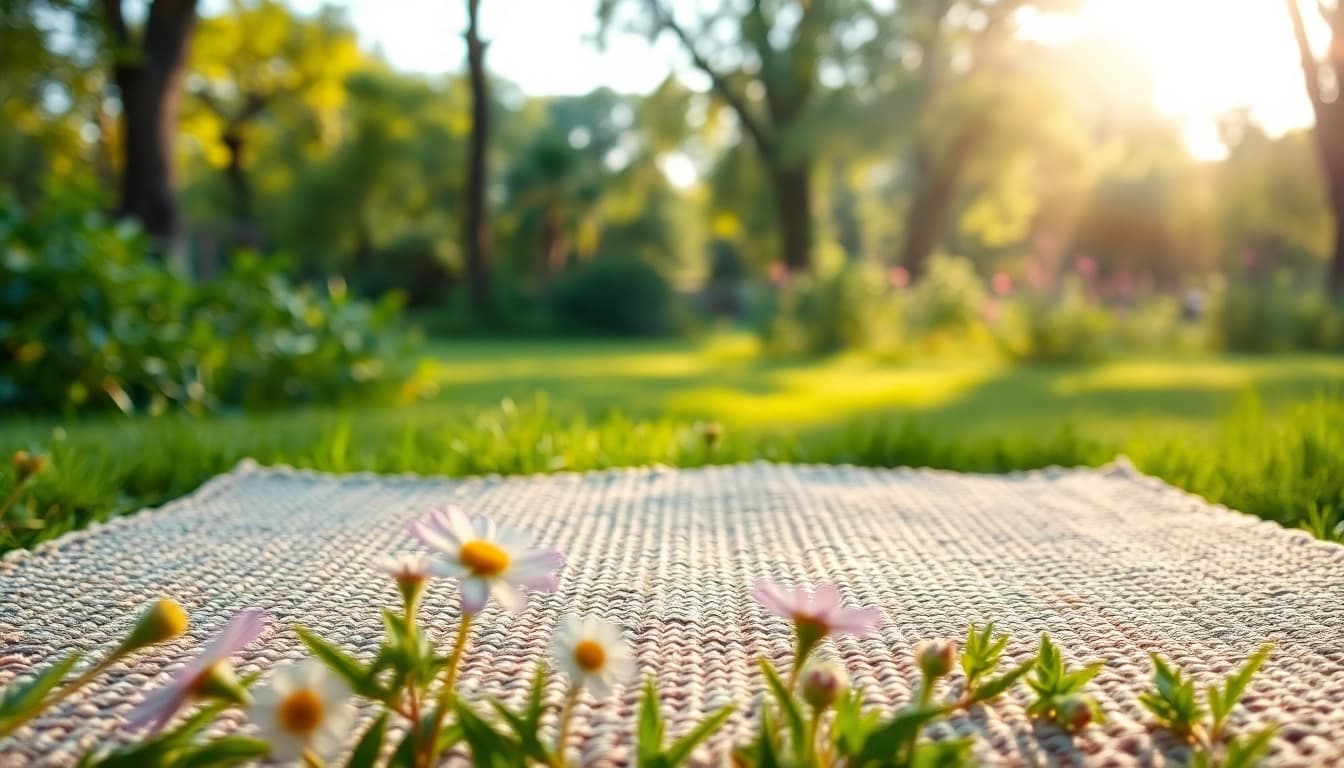 Hanfmatte auf einem grünen Rasen mit Blumen, die naturalistische Textur und Struktur zeigt.