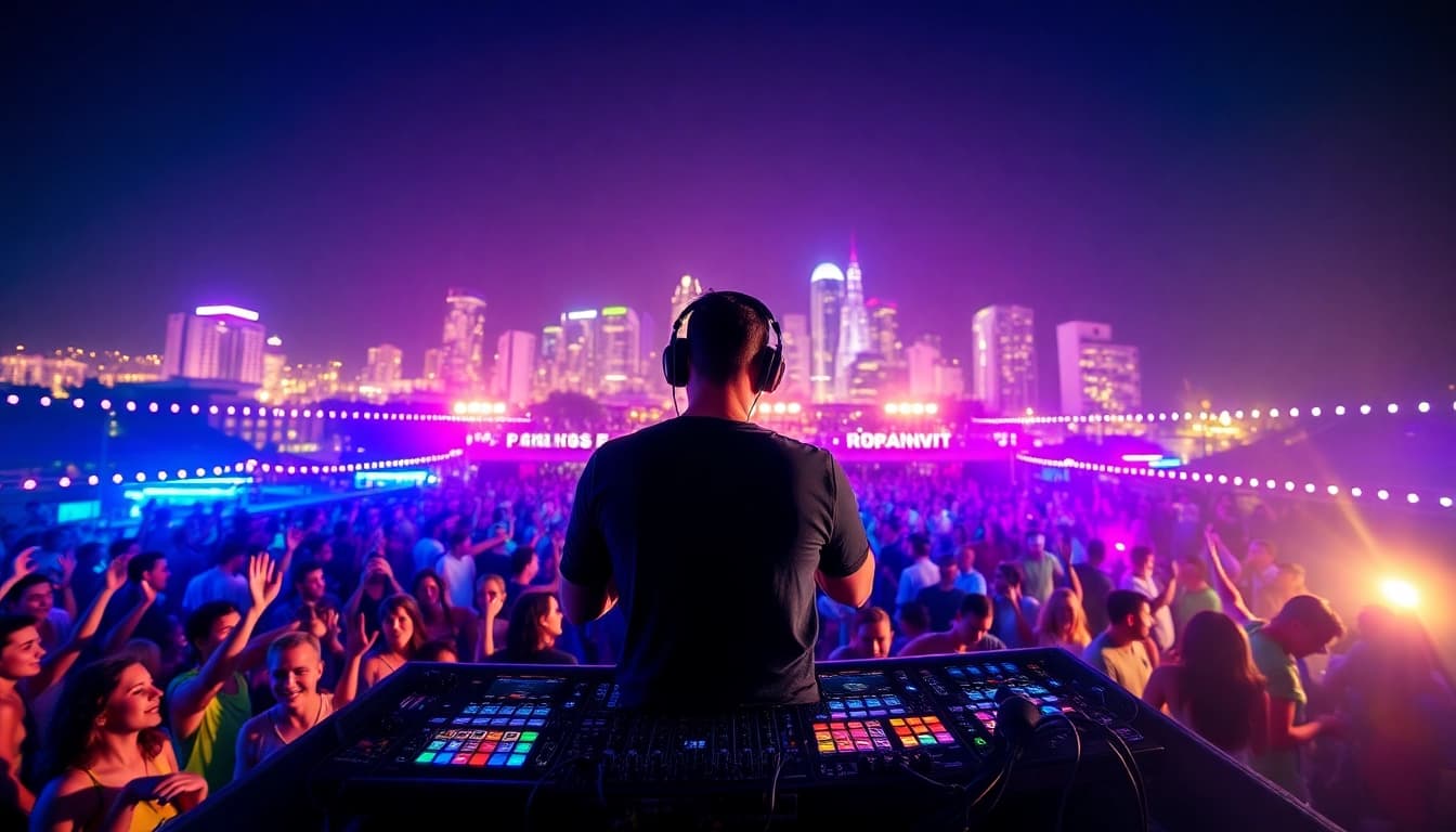 DJ in München begeistert ein Publikum bei einer lebhaften Nachtparty mit bunten Lichtern.