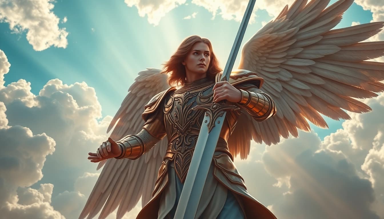 Erzengel Michael kämpft tapfer mit seinem Schwert in den Wolken.