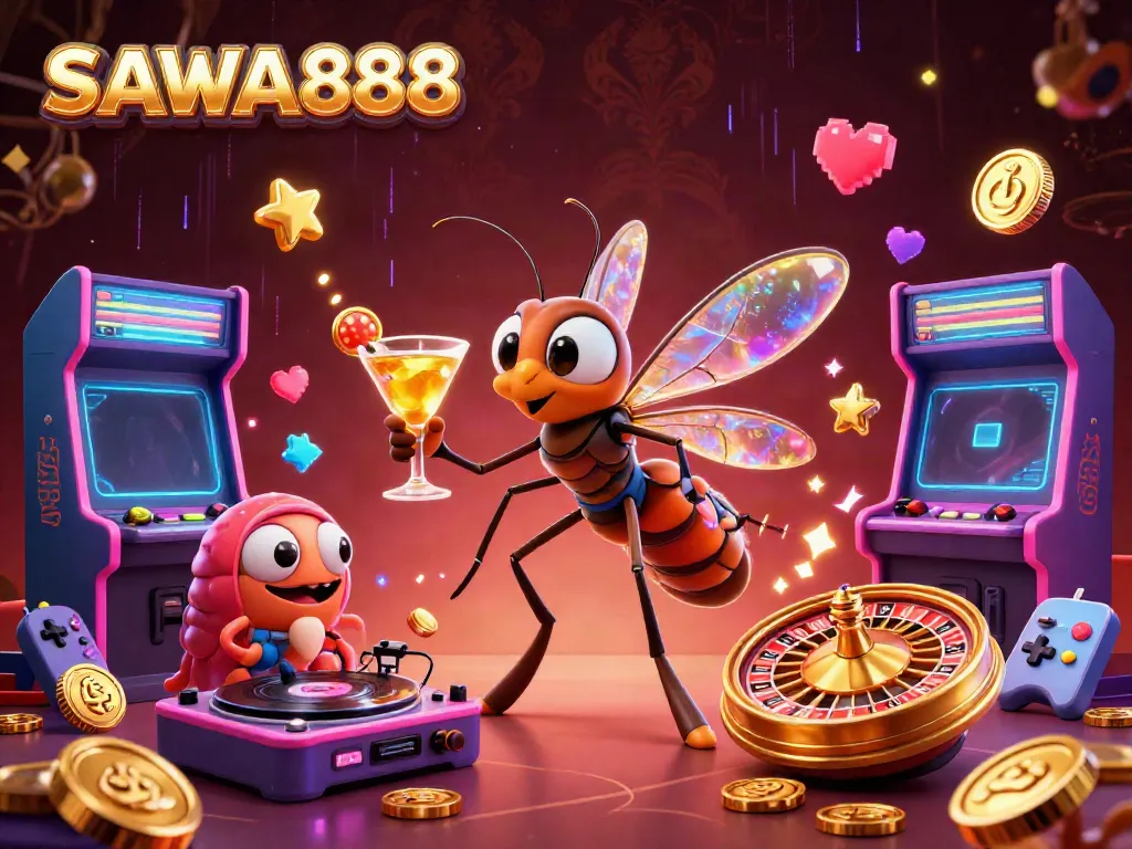 Engage with SAWA888's vibrant casino atmosphere featuring dynamic game elements and captivating characters.
