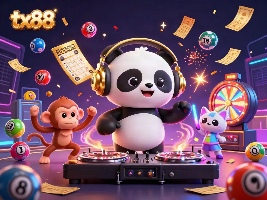 Celebrate with tx88 in a vibrant 3D casino scene featuring a DJ panda, breakdancing monkey, and rave kitten.