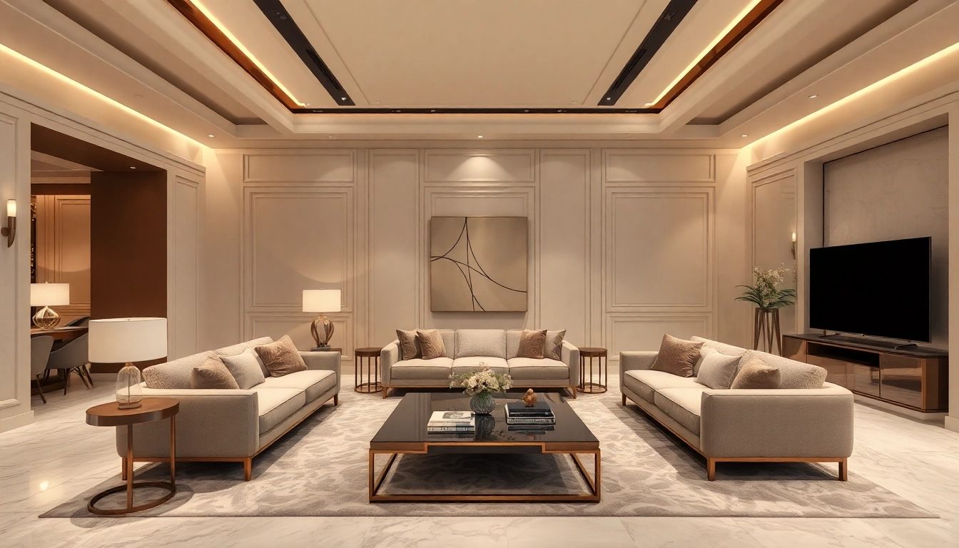 Luxury living room featuring elegant furnishings and ambient lighting for an inviting atmosphere.