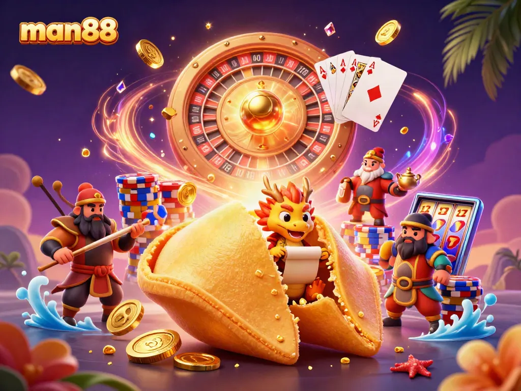 Experience man88's dynamic casino action with golden treasures, gaming elements, and engaging characters.