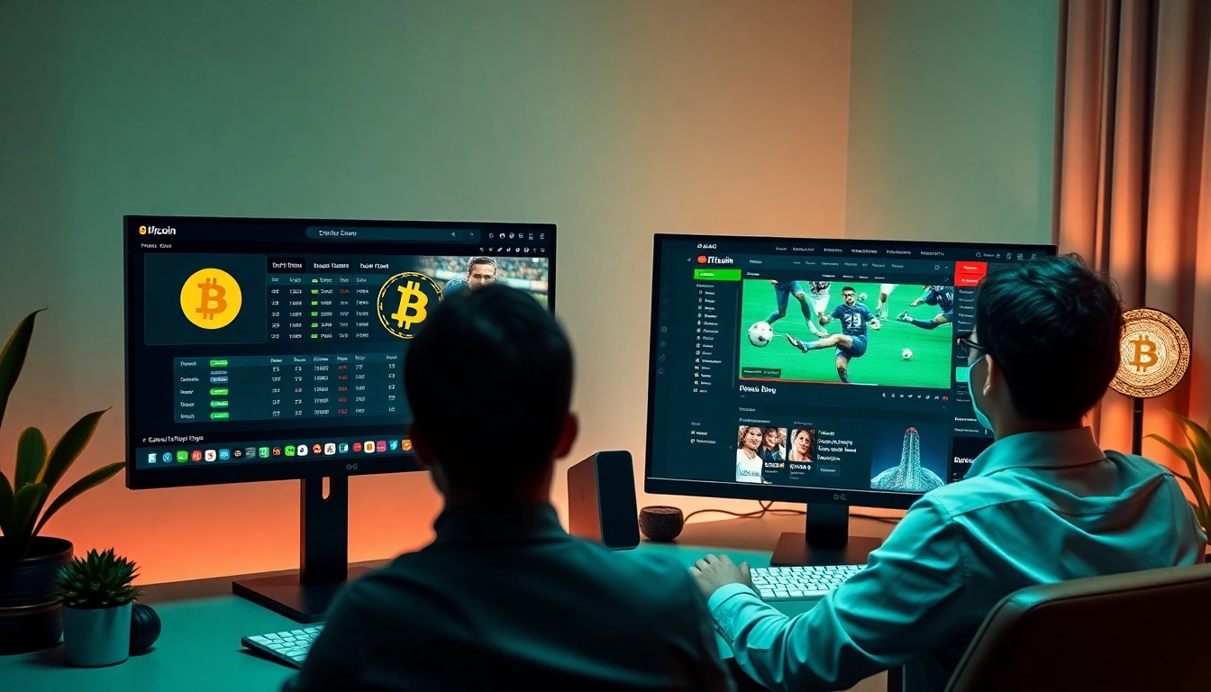 Engage in Bitcoin online sports betting with a vibrant office scene featuring live sports betting screens.