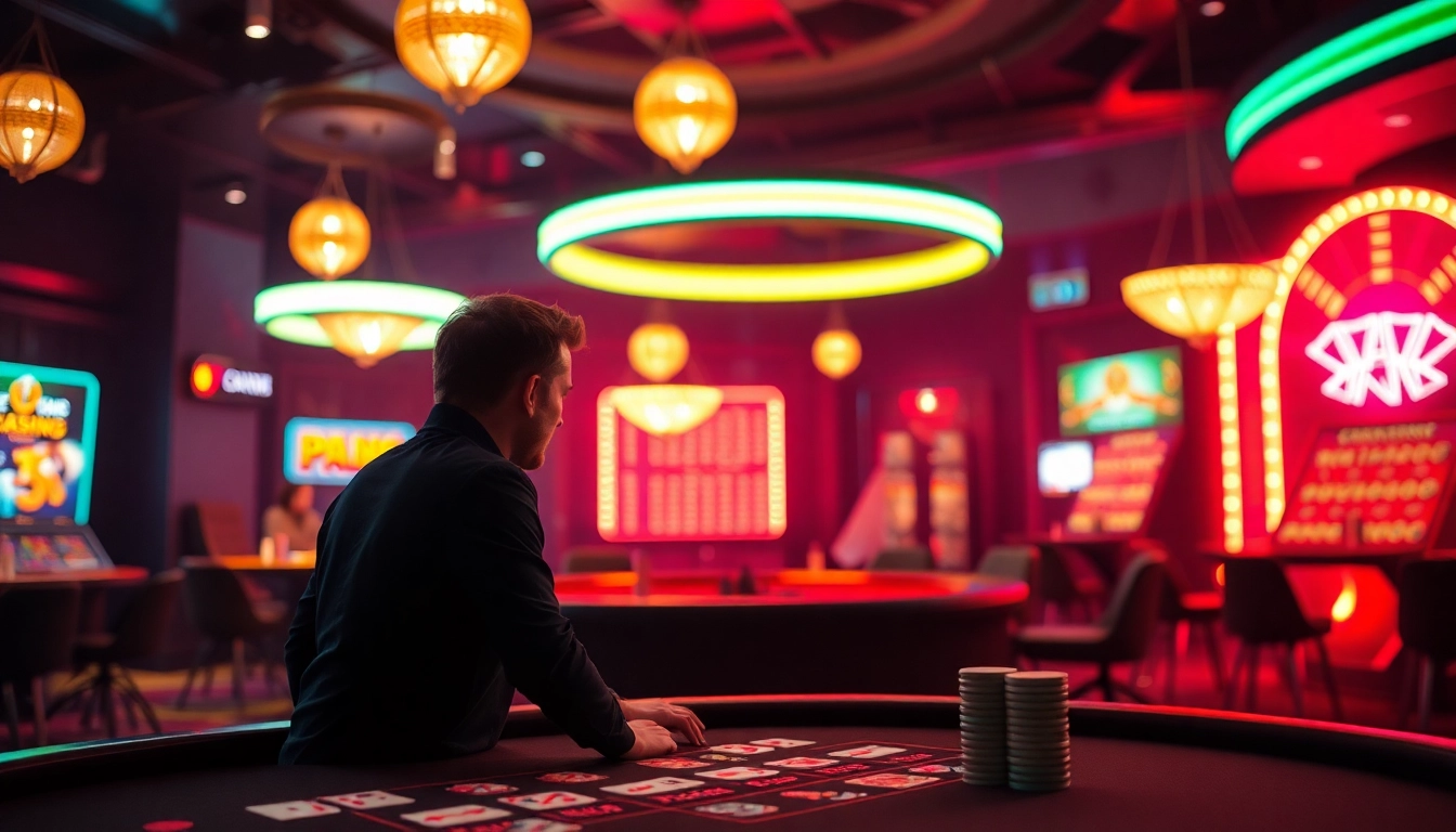 Aktiviere einen Casino Bonus mit lebhaften Neonlichtern und einem Spieler am Tisch, der die Atmosphäre genießt.