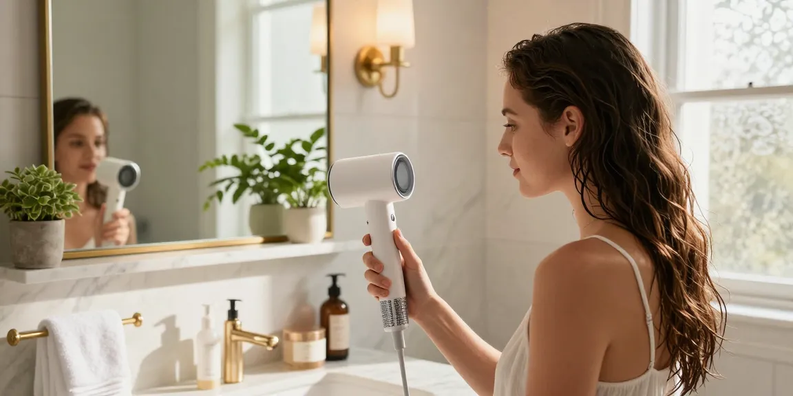 Styling with a mini hair dryer in a modern bathroom setup featuring elegant decor and natural light.