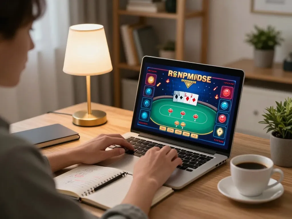KJC online gambling setup: Engaging in poker from home using a laptop with betting notes at hand.