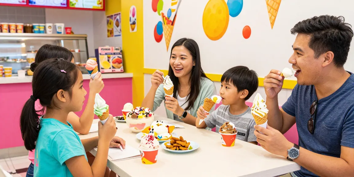 Family relishing unique ice cream flavors at ROKOK88, showcasing vibrant decor and joyful moments.