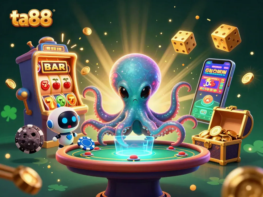 Engage with ta88's thrilling 3D illustration of an alien octopus playing poker amidst jackpot excitement.