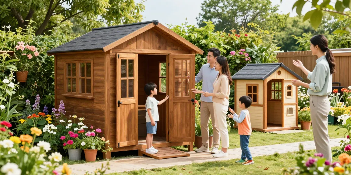 Gartenhaus kaufen in einer einladenden Gartenlandschaft mit fröhlicher Familie.