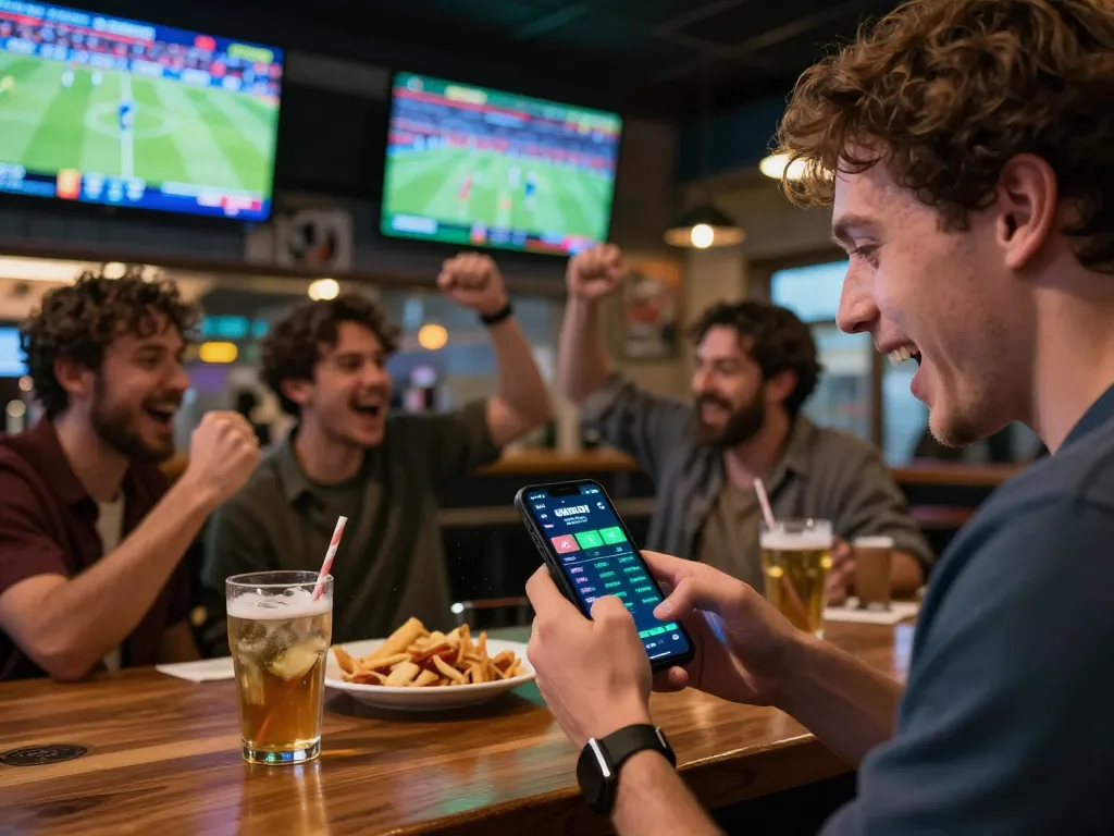 Engaging in kèo nhà cái sports betting while checking live odds on a smartphone app at a vibrant sports bar