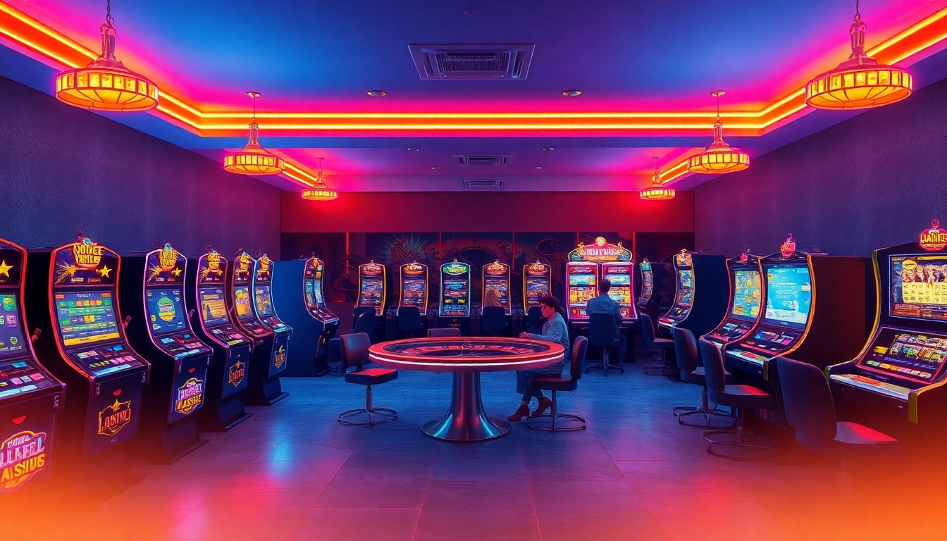 Erleben Sie den Nervenkitzel eines kostenlosen Online-Casinos mit bunten Spielautomaten und fröhlichen Spielern im Spielesaal.