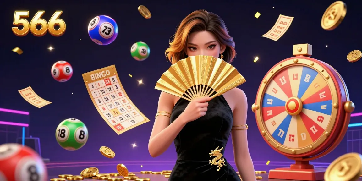 Engage in exciting gameplay with 566 as a glamorous Asian woman showcases lottery elements and golden rewards.