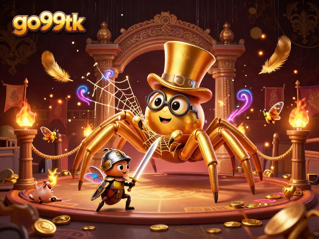 Experience thrilling bets at go99tk featuring a golden tarantula and beetle knight in a dynamic casino scene.
