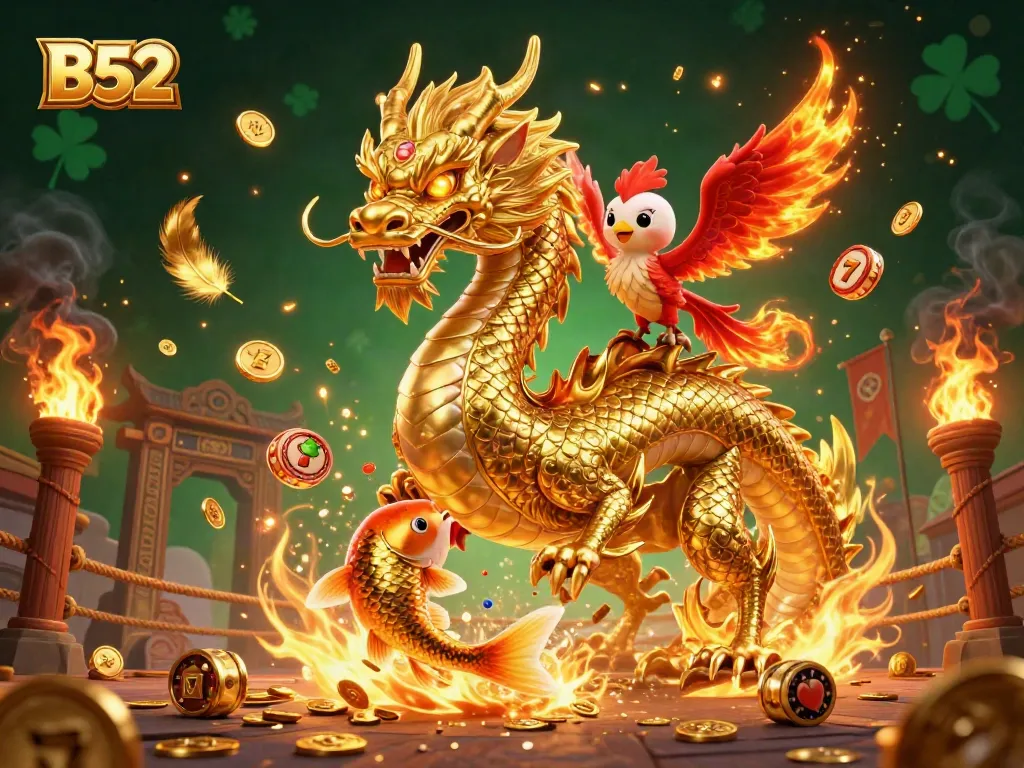 Experience thrilling wins with B52 in a dynamic casino atmosphere filled with golden dragons and luck.