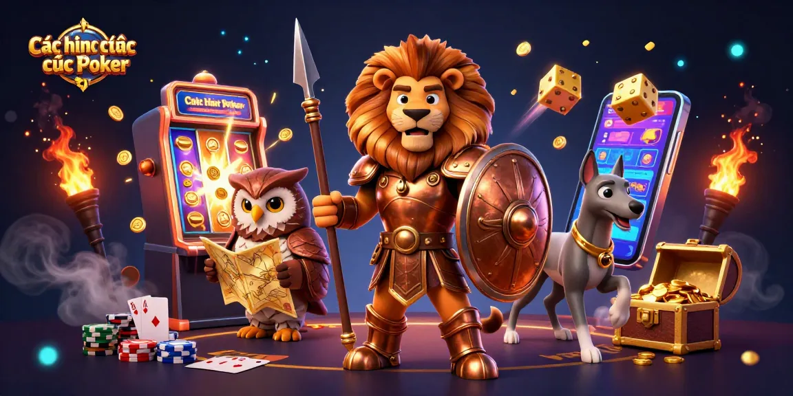 Explore các hình thực cược trong Poker with a dynamic scene of a brave Spartan lion and casino elements.