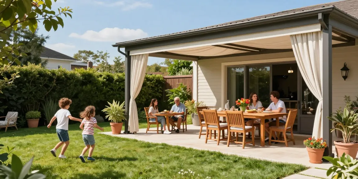 Die freistehende Terrassenüberdachung im Garten bietet perfekten Schutz und eine einladende Atmosphäre für Familie und Freunde.