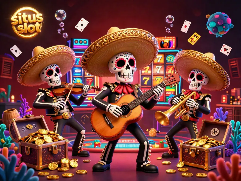 Engage with situs slot through a vibrant 3D illustration featuring a mariachi band celebrating a jackpot with lively casino elements.