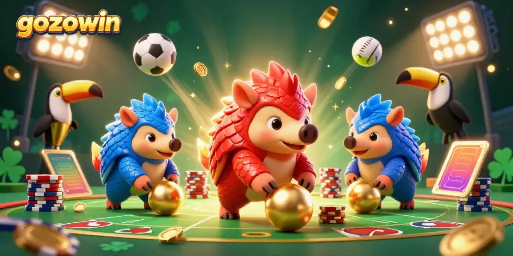 Engage in thrilling games at gozowin with pangolins competing in a vibrant casino scene.