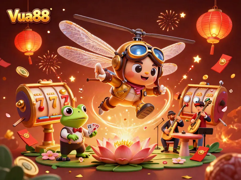 Experience exciting gameplay with Vua88's vibrant scene featuring a dragonfly pilot and frog croupier.