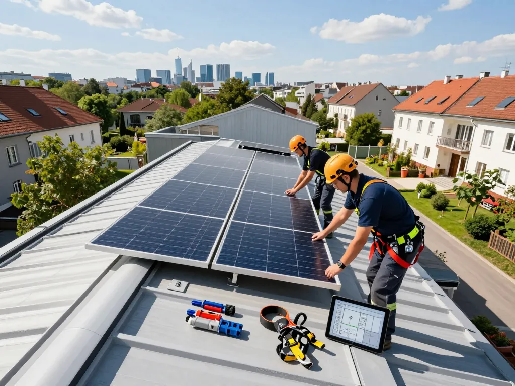 Solar Wien Solarpanel-Installationsteam an einem modernen Wohnhaus in Wien.