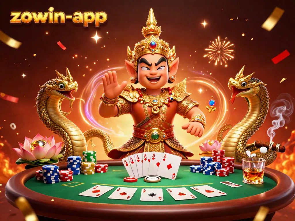 Engage in thrilling gameplay at zowin-app with vibrant 3D illustration of a friendly yaksha guardian and thrilling poker elements.