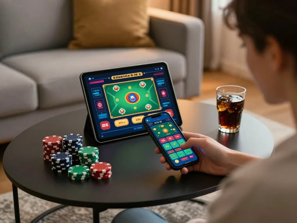 Engaging with the bet88vn gaming app in a cozy, modern home setting.
